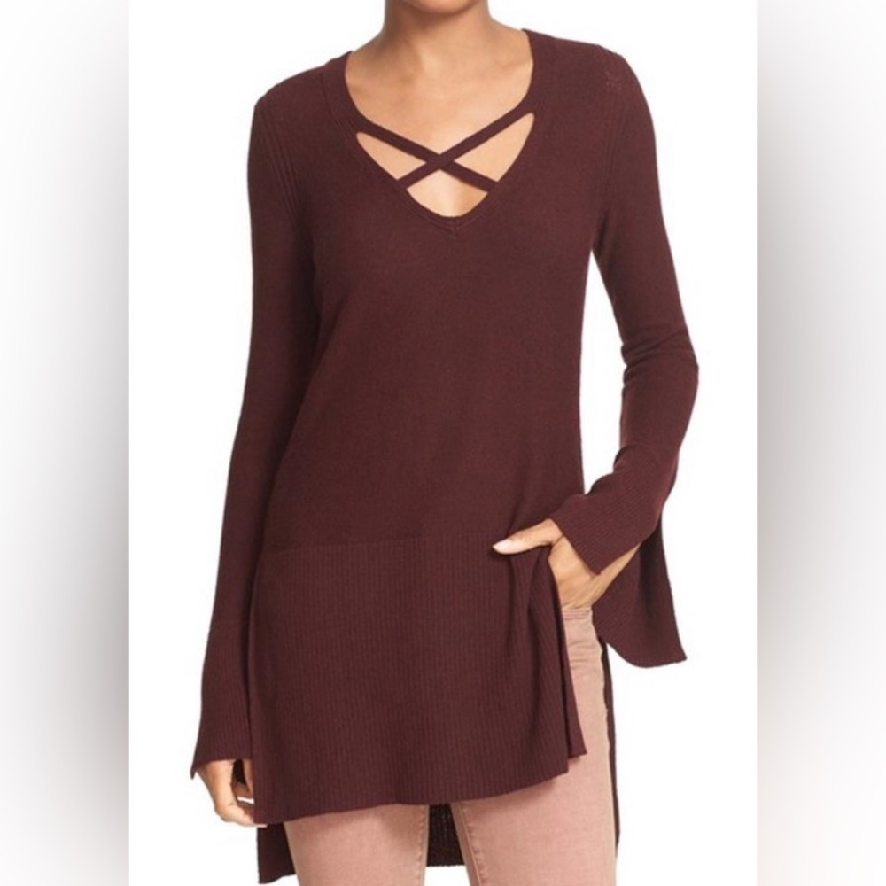Free People Crisscross Linen Blend Ribbed Flare Split Sleeves Sweater Sz Xs